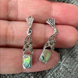 Gorgeous antique Victorian marcasite silver opal earrings 925 Sterling